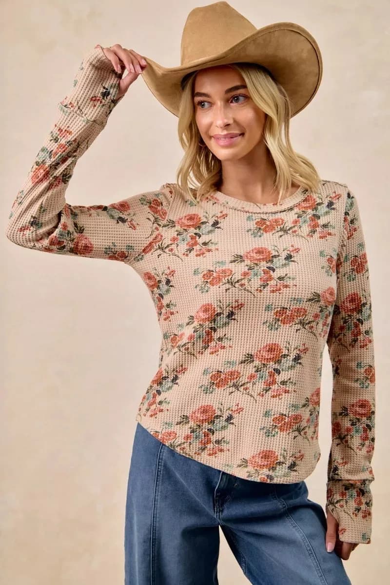 BiBi Floral Print Washed Waffle Thermal Top with Thumb