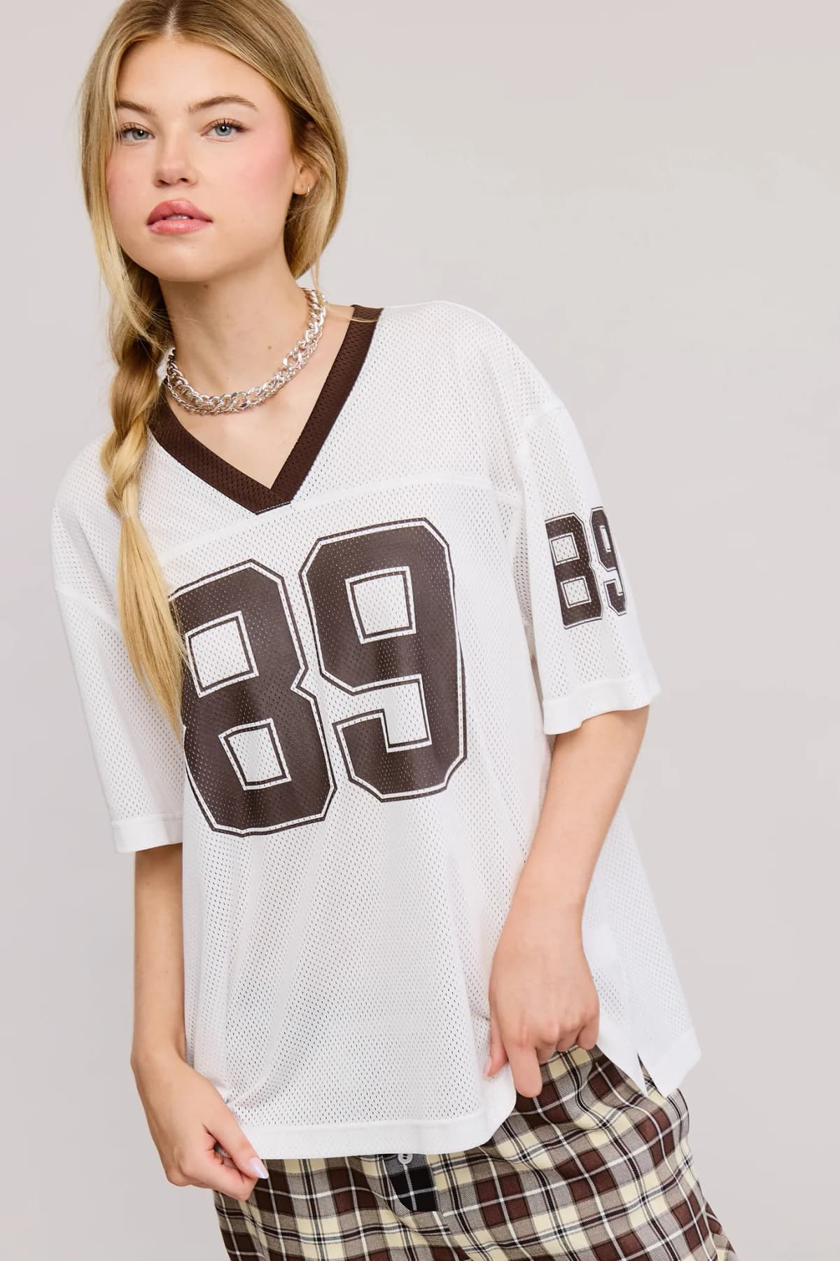 V Neck Sporty Jersey Shirt Top With Printed 89