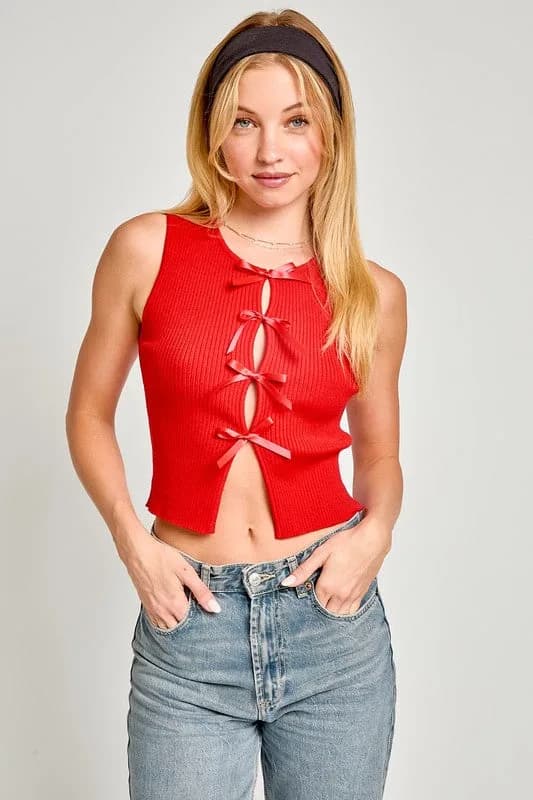 Satin Bow Detail Sleeveless Sweater Top Vest Multiple Colors