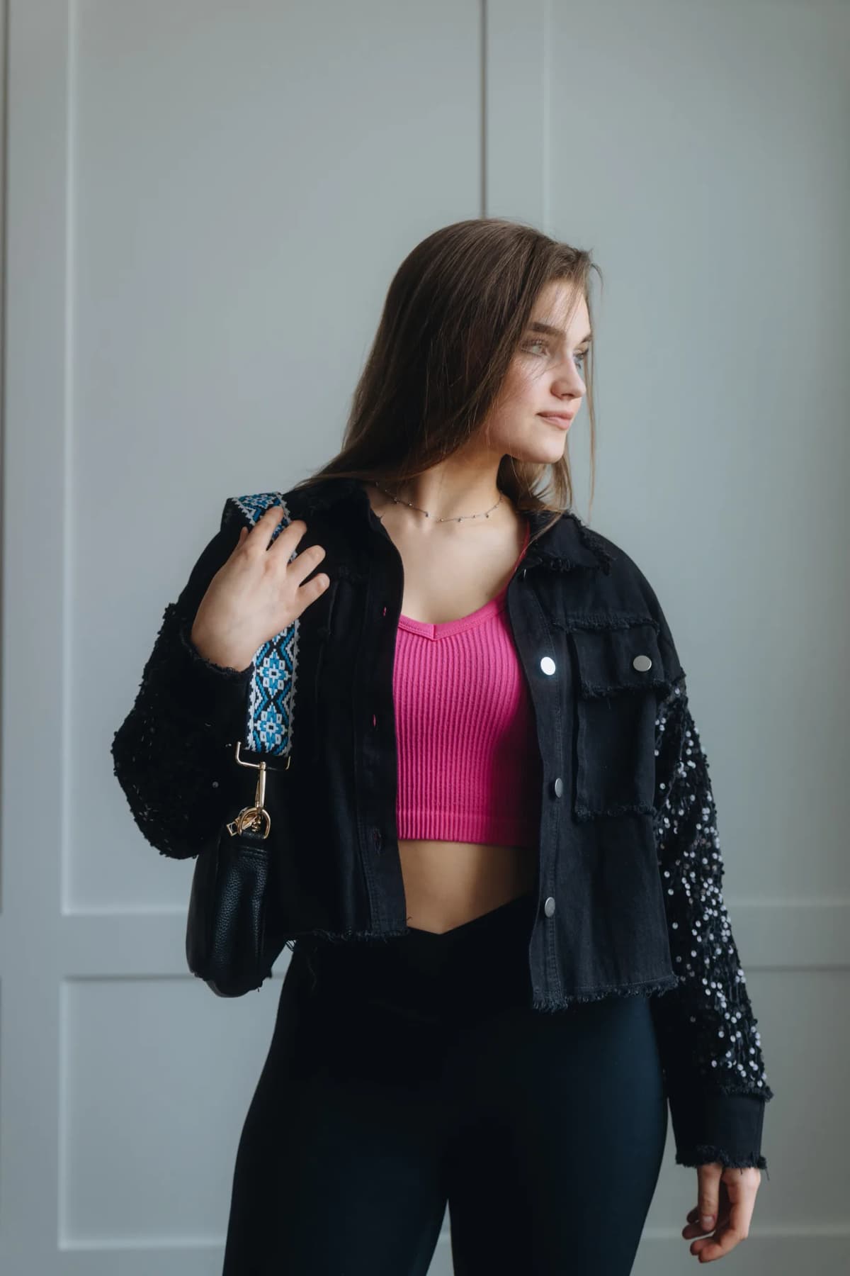 Sequin Sleeve Pocketed Raw Hem Denim Jacket