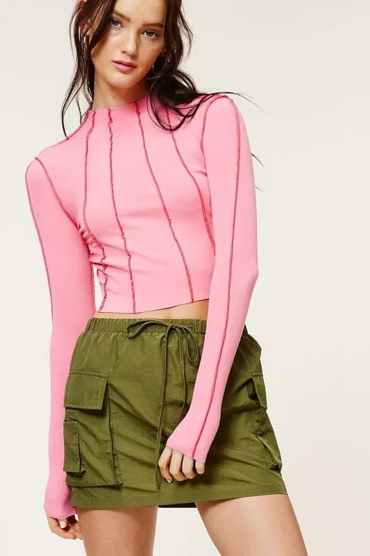 Hydrangea Fitted Mock Neck Knit Top With Linear Seam Detailing