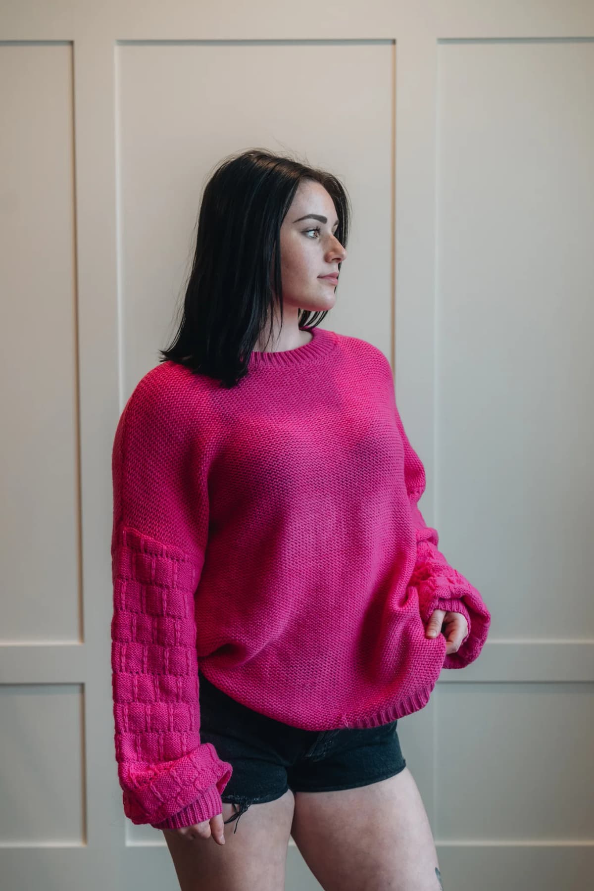 Hollowed Bubble Sleeve Knit Sweater