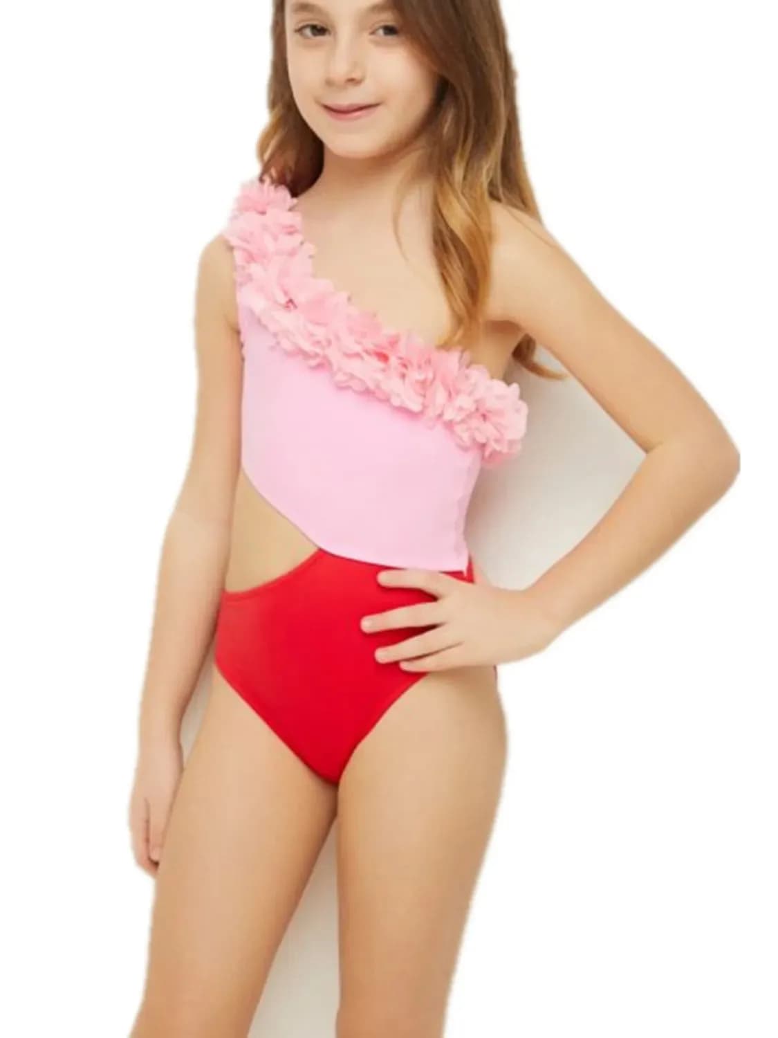 Cutout One Shoulder Contrast Mother and Daughter Swimwear Matching Set