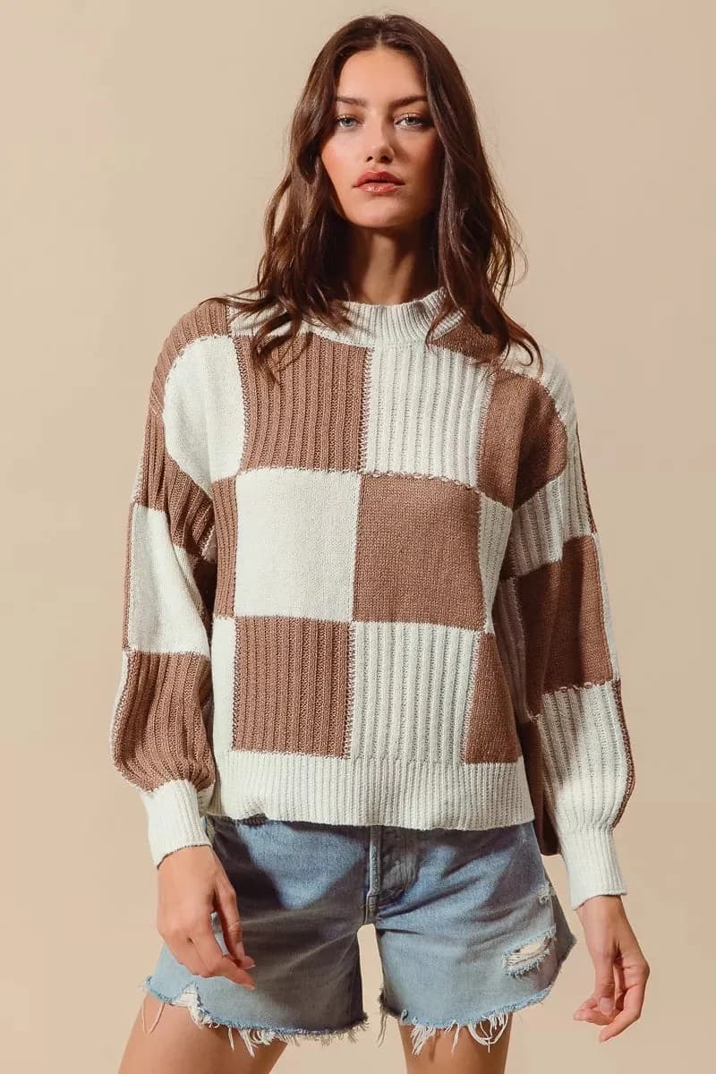 SO ME Ribbed Color Block Checkered Plaid Sweater