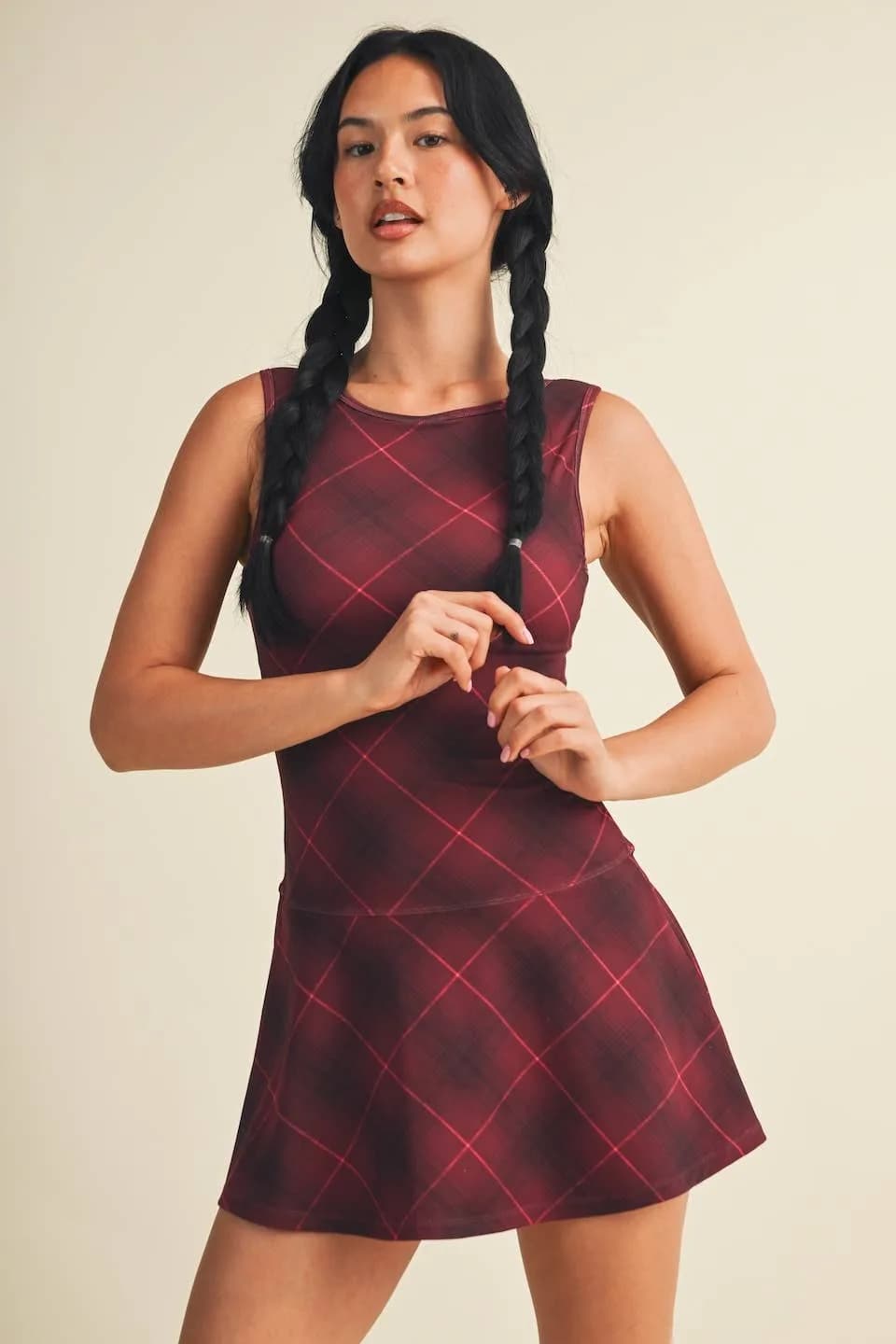 Plaid Print A-Line Mini Dress with Drop Waist by Glowie