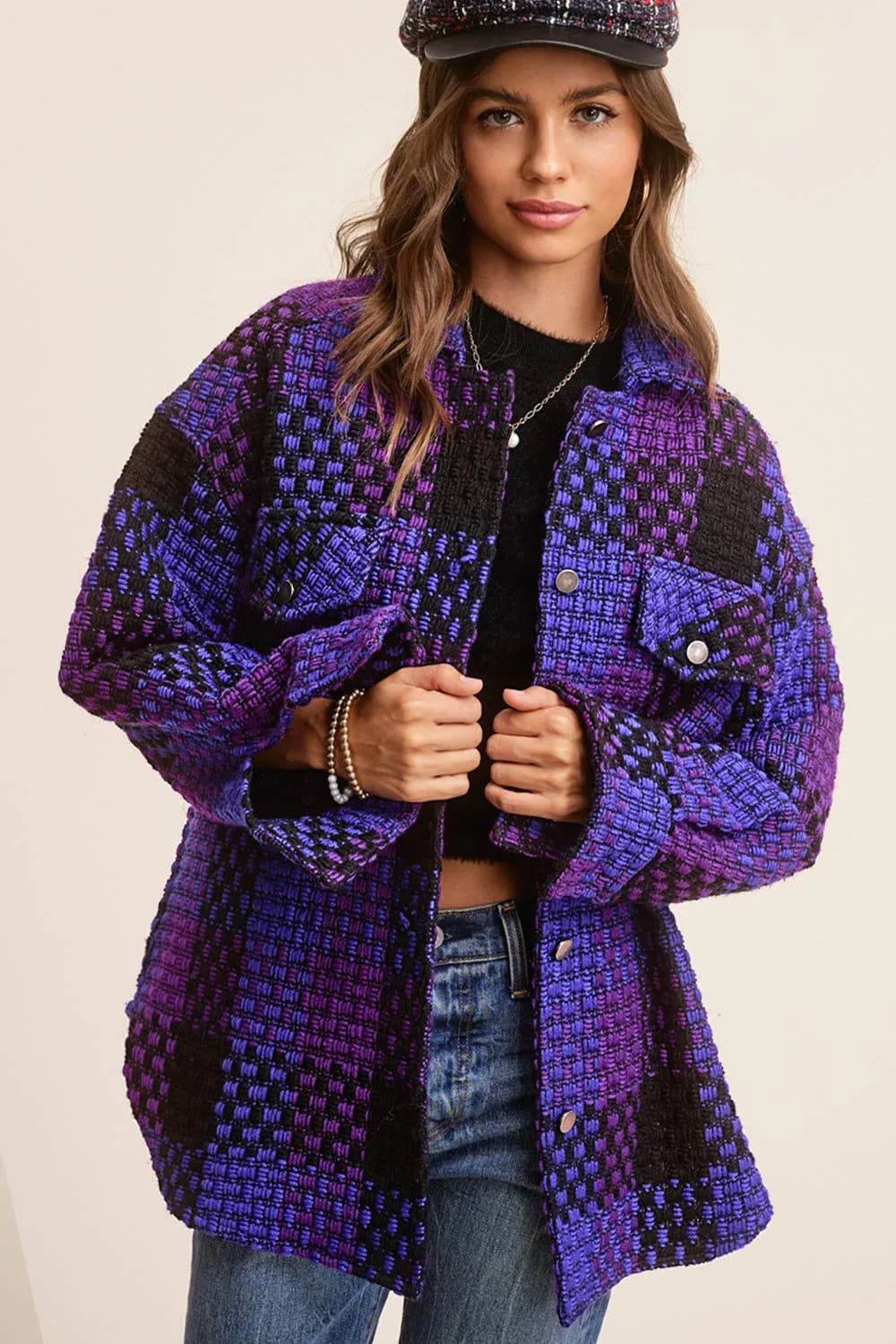 Purple Checkered Patterned Loose Fit Jacket with Front Pockets by La Miel