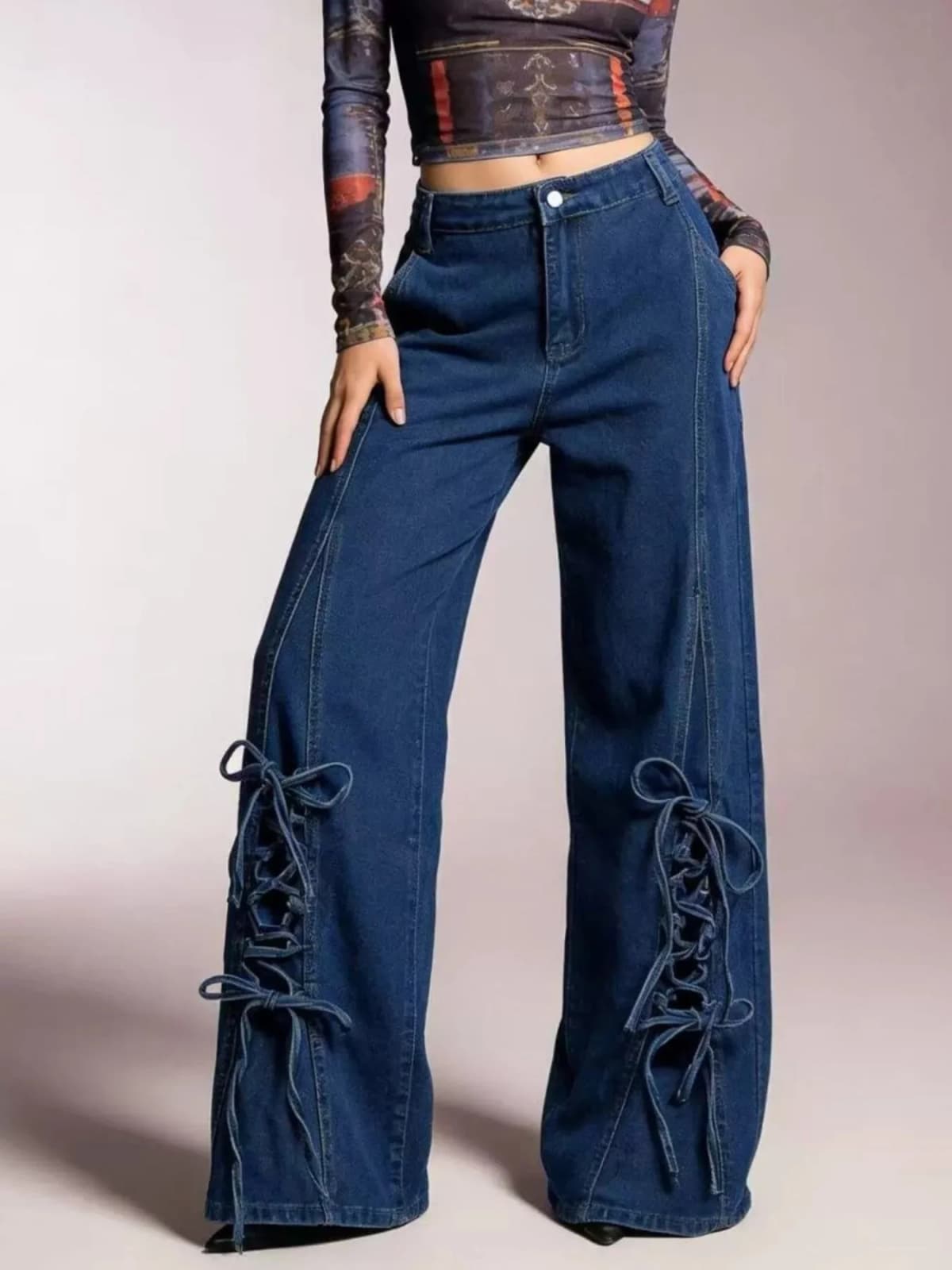 Lace-Up Wide Leg Jeans