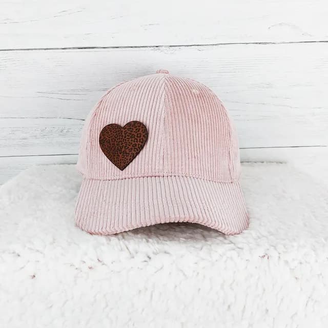 Corduroy Hat With Leopard Heart Leather Patch Trendy Tee Co (Pink)