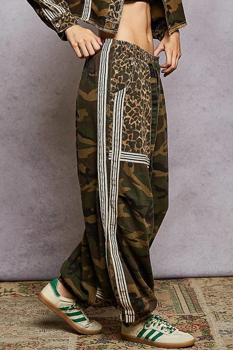 Printed Woven Contrast Band Trim Jogger Pants by POL