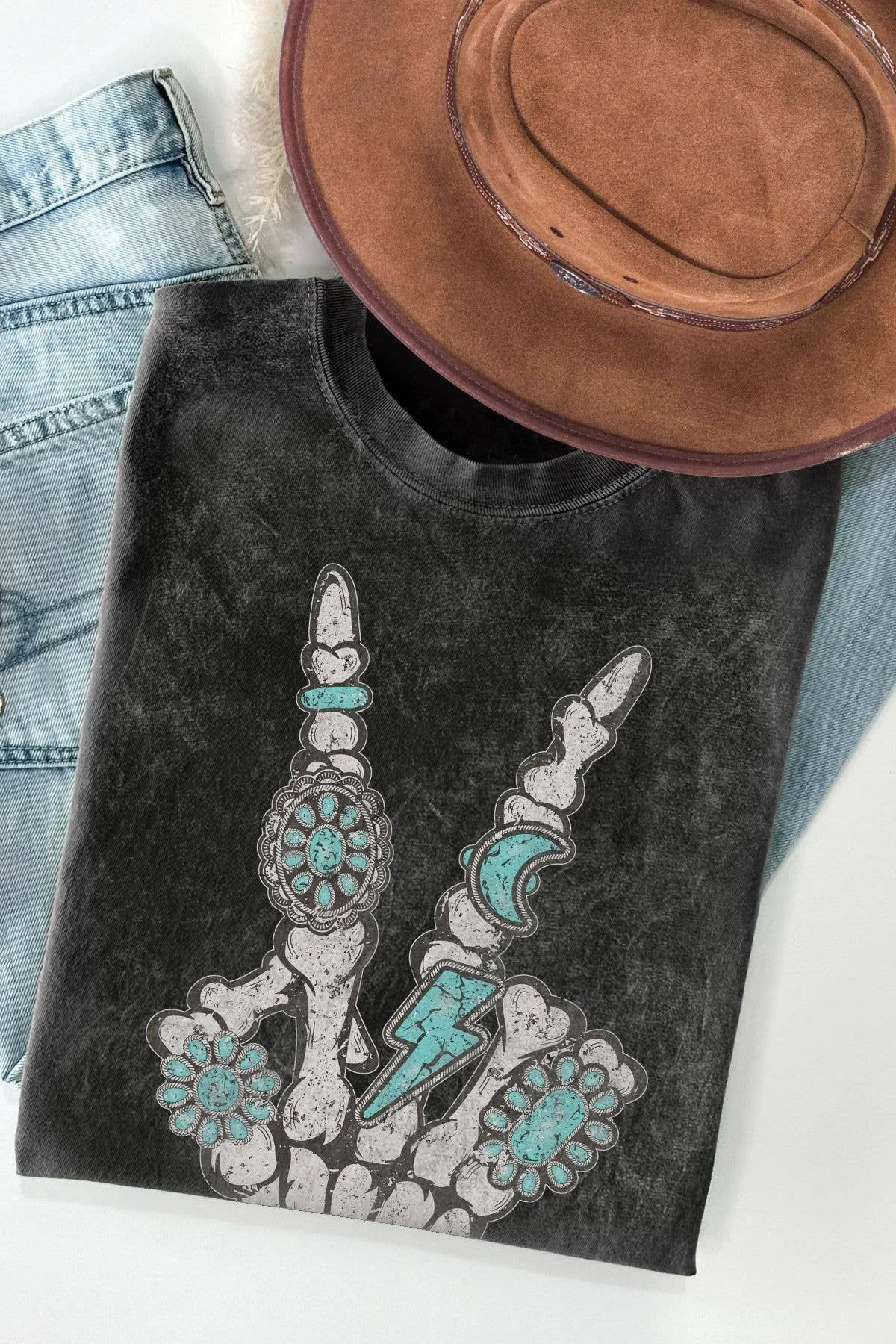 Skeleton Turquoise Peace Mineral Wash T Shirt BouTeeQue Closet
