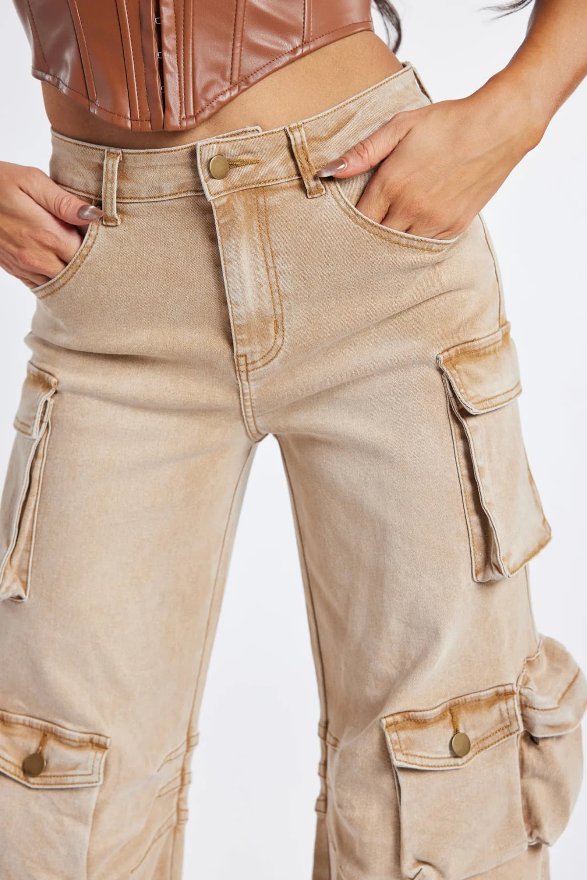 Beige Washed Cargo Jeans by WFFS