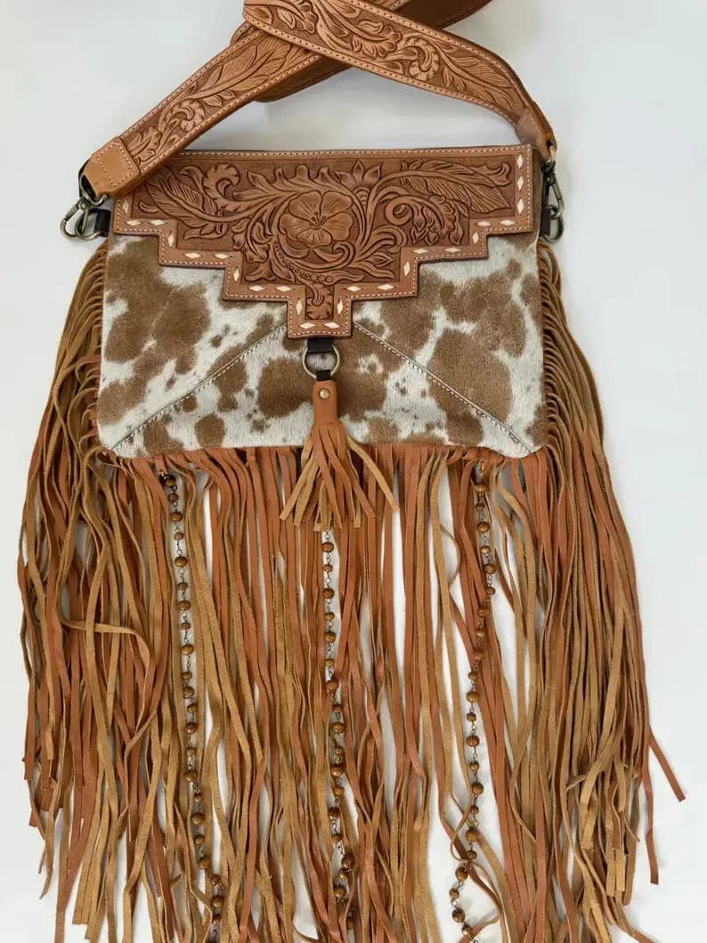 DIXIE CROSSBODY Cowhide Western Tooled Leather Fringe Purse
