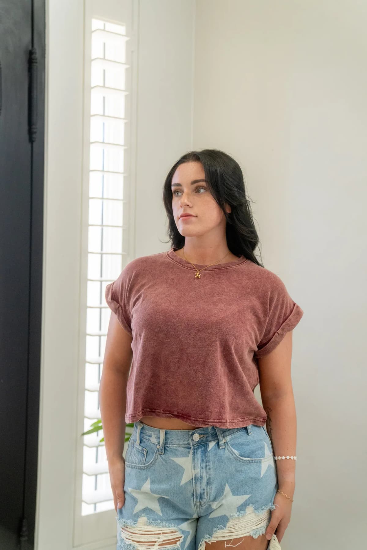 Acid Wash Cotton Folded Sleeve Top Zenana