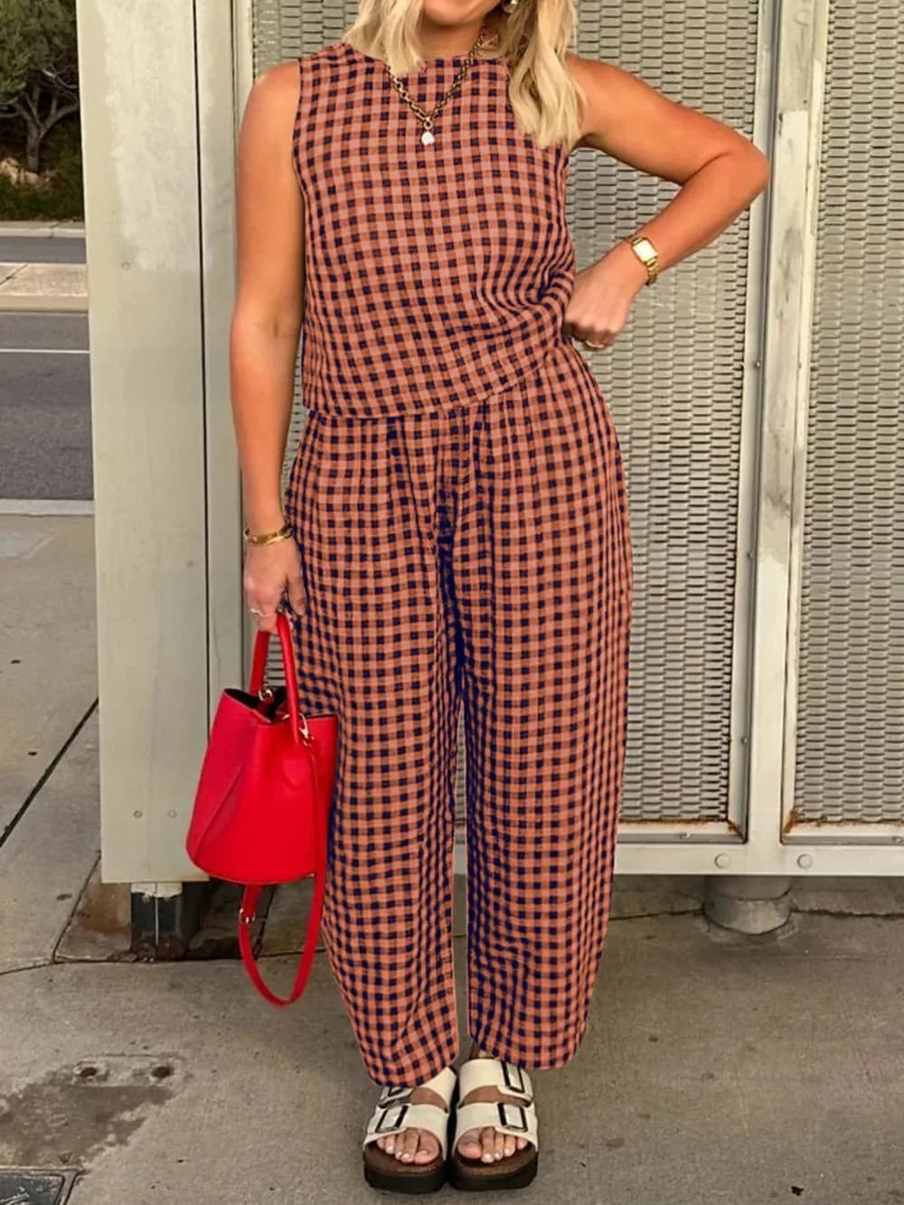Lovelet Plaid Round Neck Sleeveless Top and Pants Set in Multiple Colors