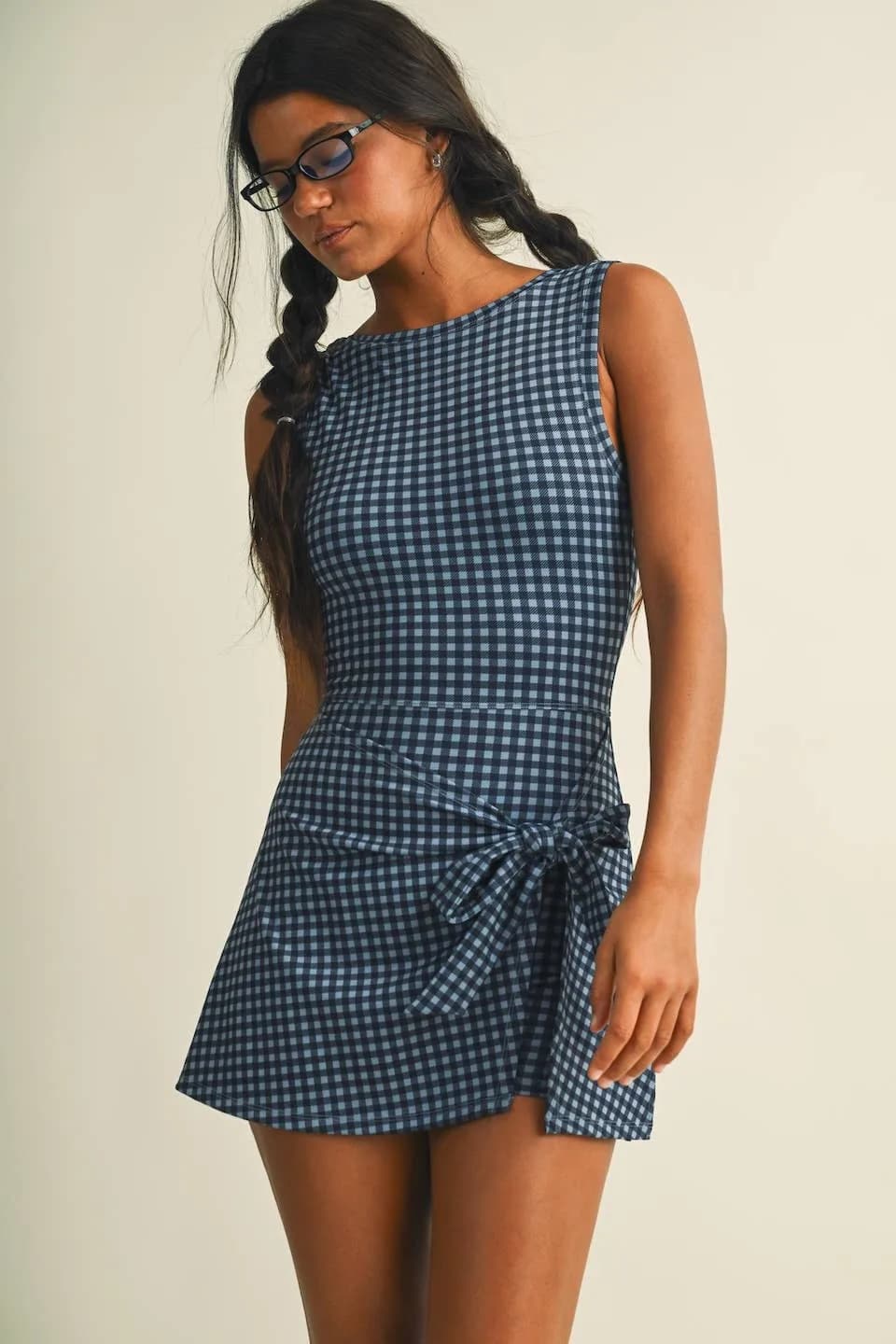 Gingham Print Sleeveless Wrap Tie Front Dress