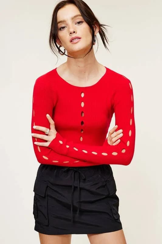 Red Long Sleeve Knit Top With Asymmetrical Cut Out Top