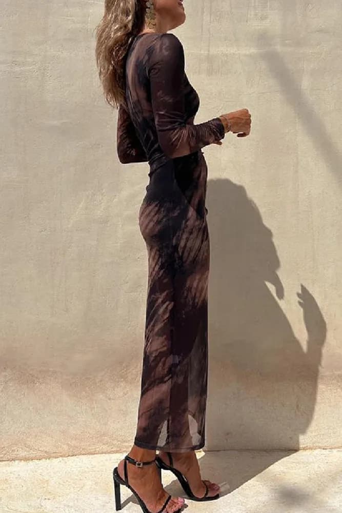 Tie Dye Black Mesh Ruched Split Maxi Dress