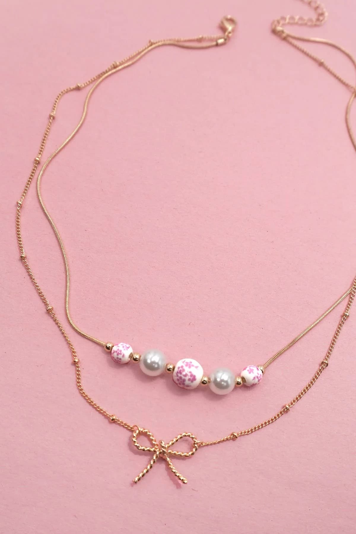 Pink Ceramic Porcelain Pearl Mix Layered Necklace
