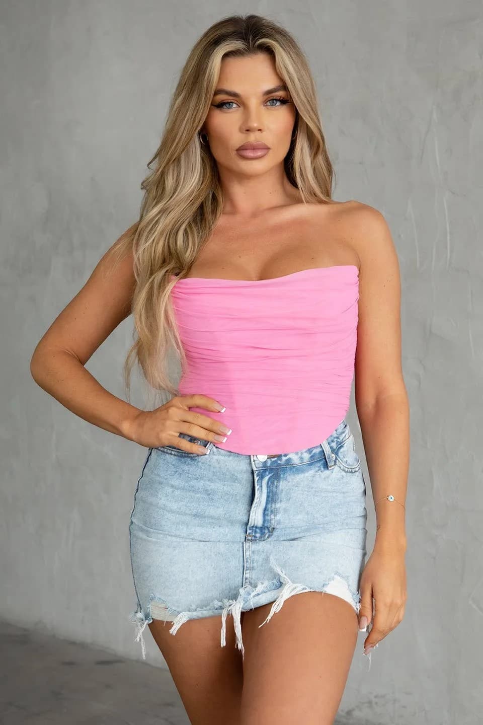 Mesh Corset Top Adjustable Lace Up Tie At Back Tictoc (Pink)