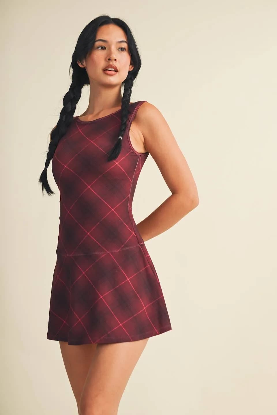 Plaid Print A-Line Mini Dress with Drop Waist by Glowie