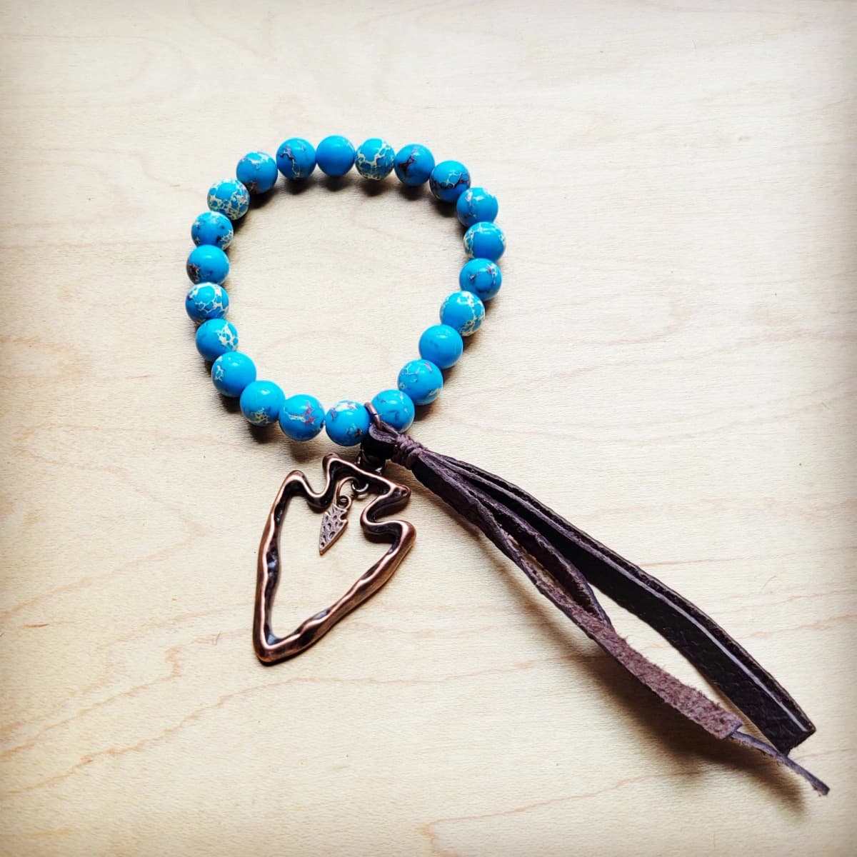 Ocean Agate Beaded Bracelet Leather Tassel and Arrowhead