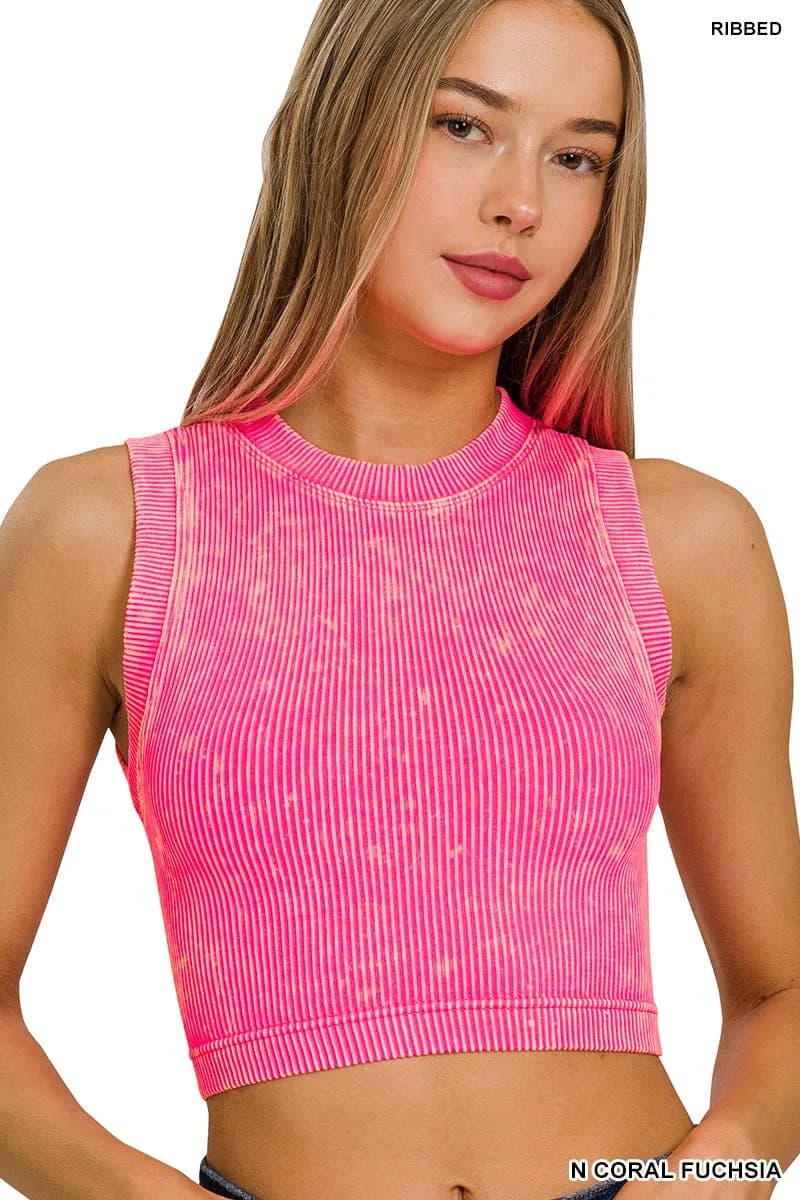 Stone Washed Ribbed Seamless Crop Tank Top Zenana