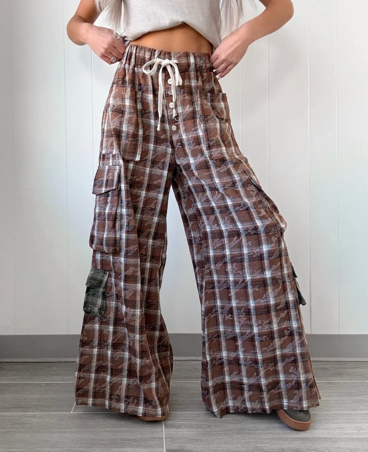 Tie Waist Plaid Cargo Pants Wide Leg by Pol