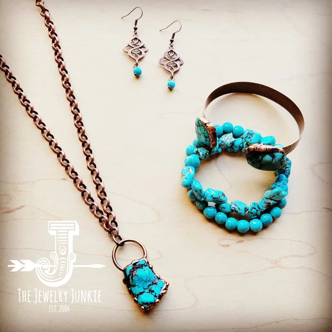 Long Copper Necklace w Turquoise and Copper Pendant by Jewelry Junkie