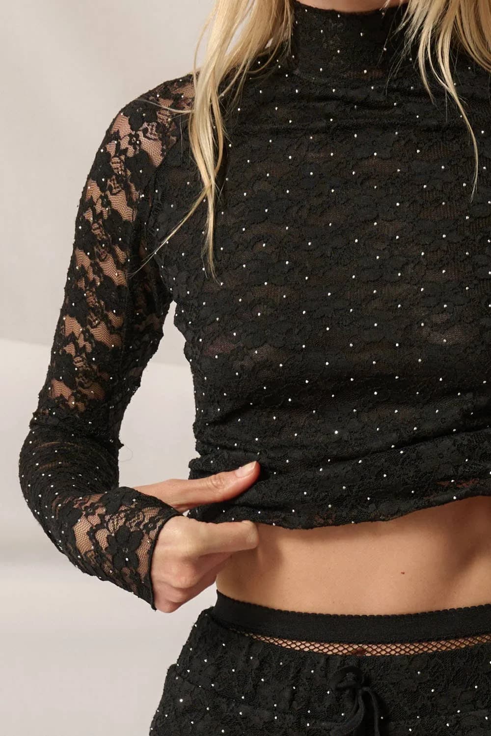 Studded Floral Lace High-Mock Neck Knit Top Cream
