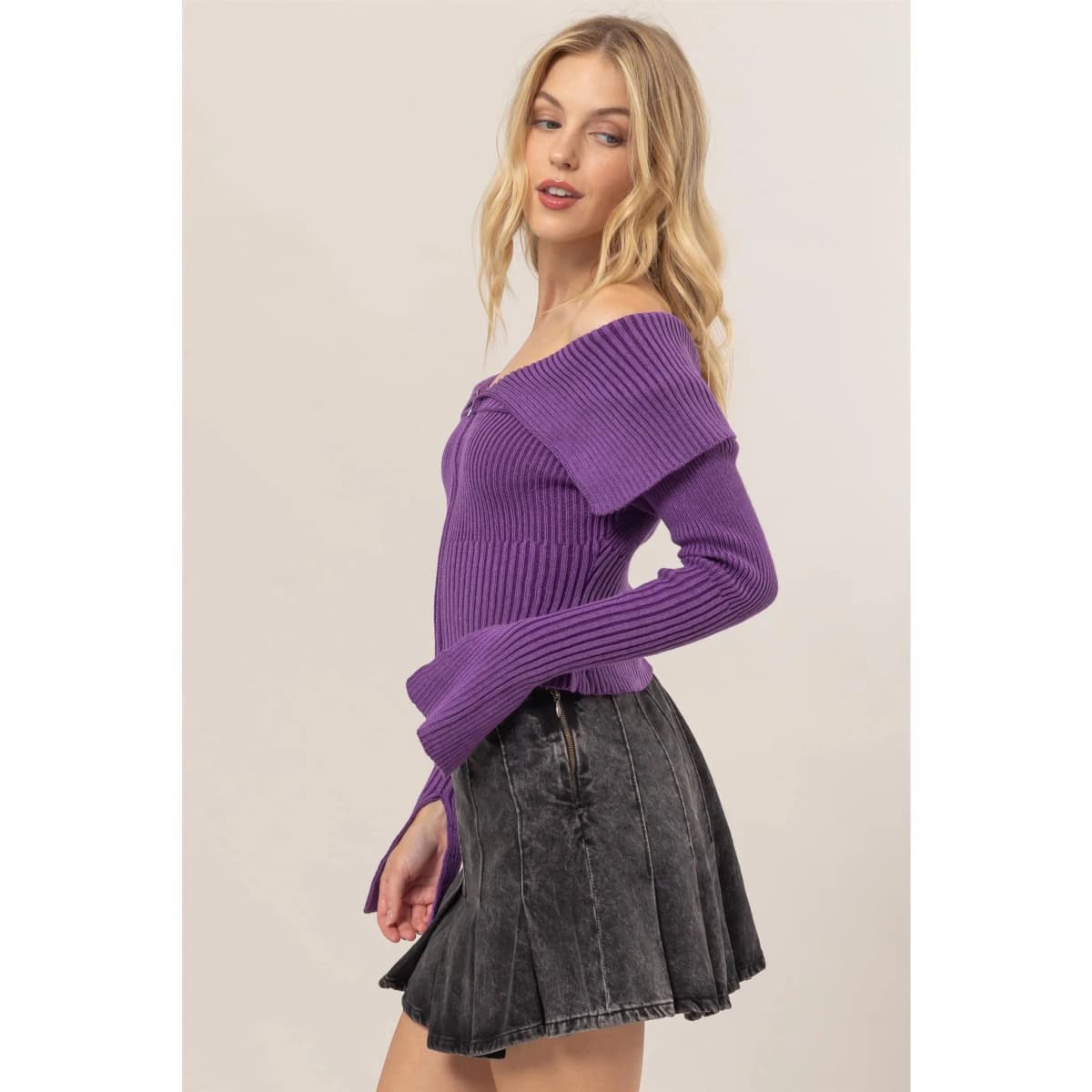 Washed Off Shoulder Zipper Front Sweater Top