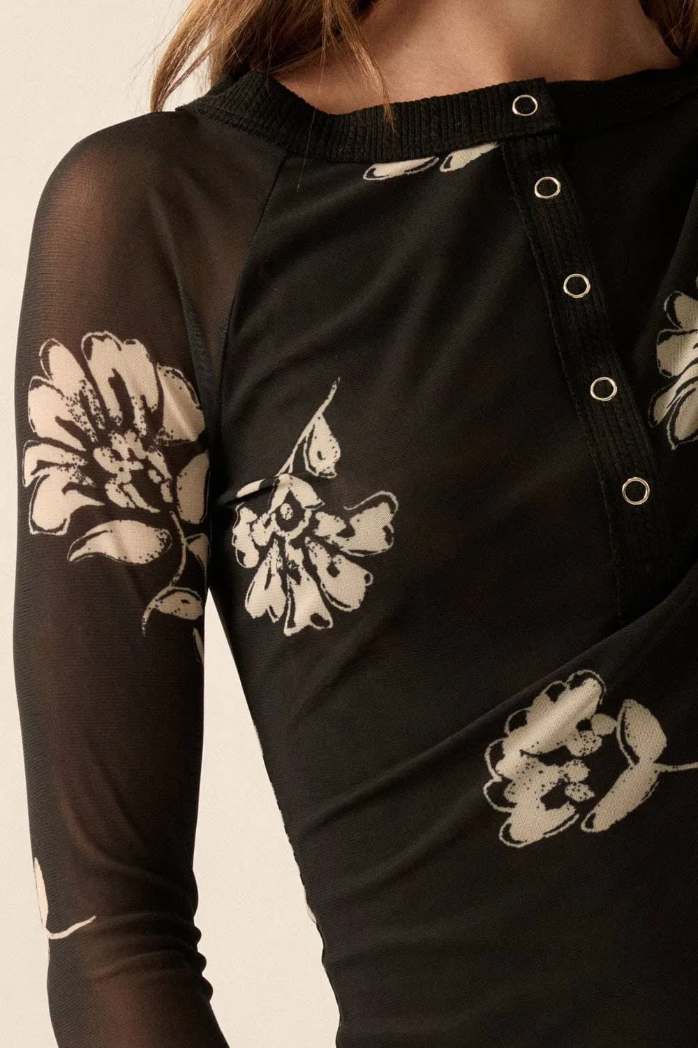 Floral Print Mesh Raglan Sleeve Henley Top by Promesa