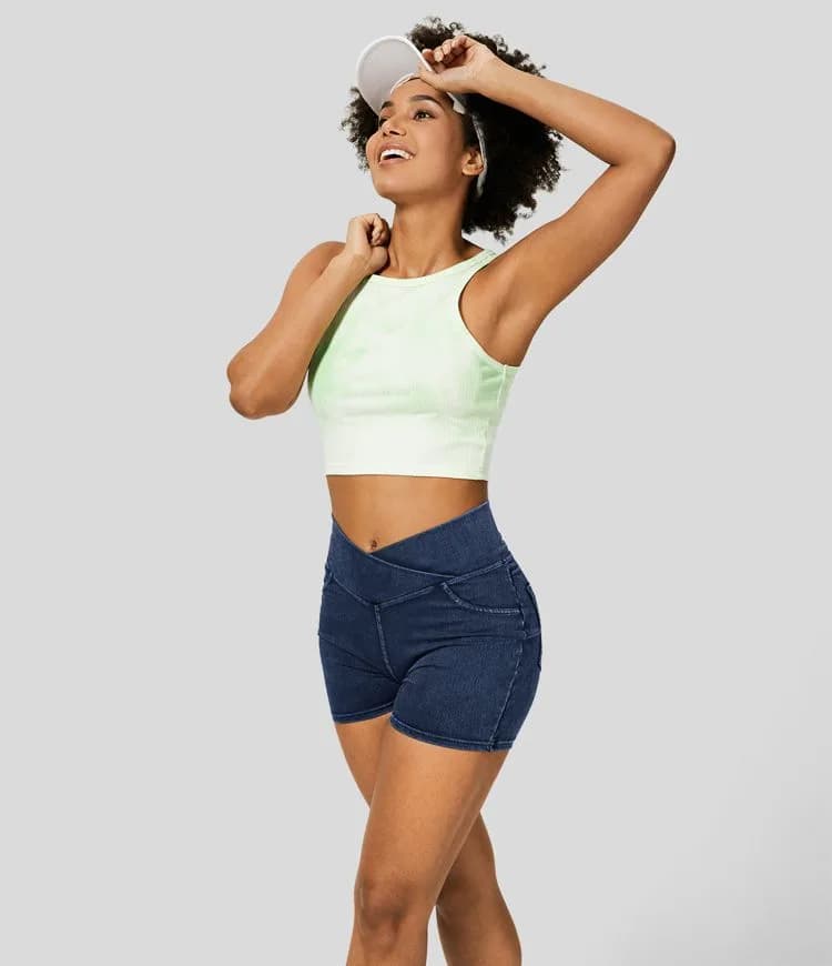High Waisted Crossover Back Side Pocket Stretchy Knit Denim Casual Shorts (Denim)