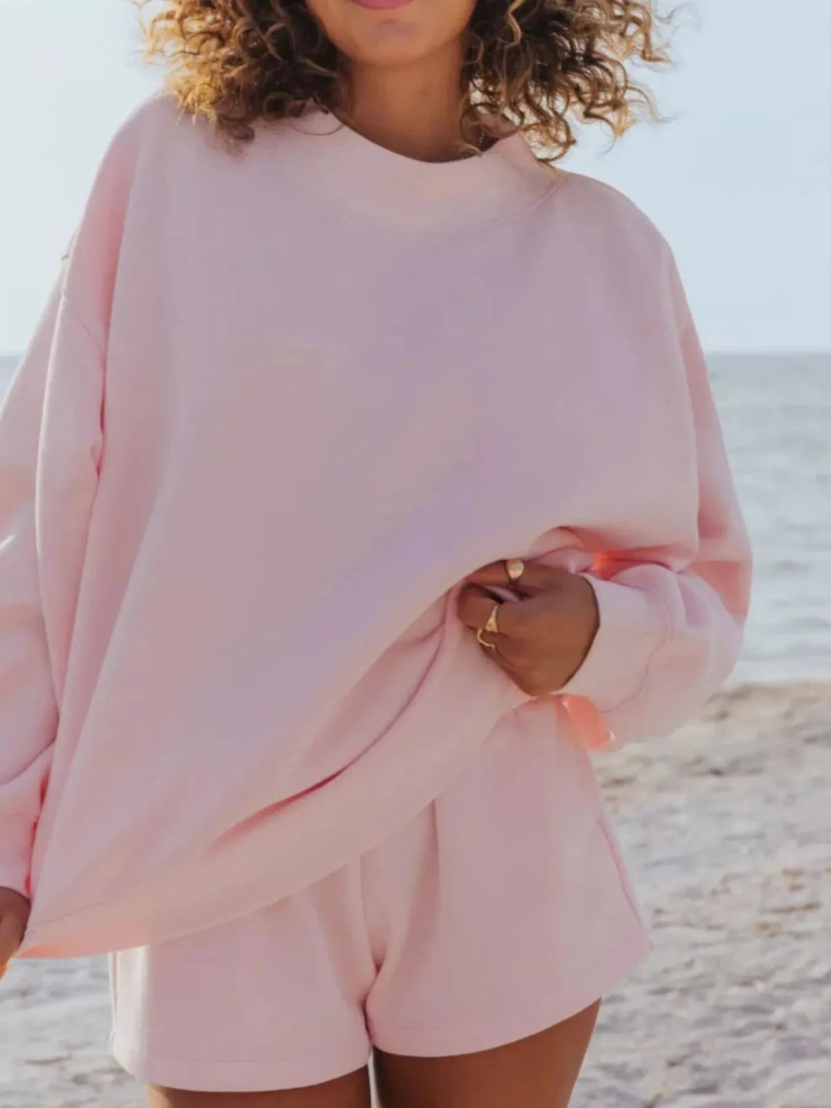 Relaxed Fit Round Neck Sweatshirt and Shorts Set Multiple Colors