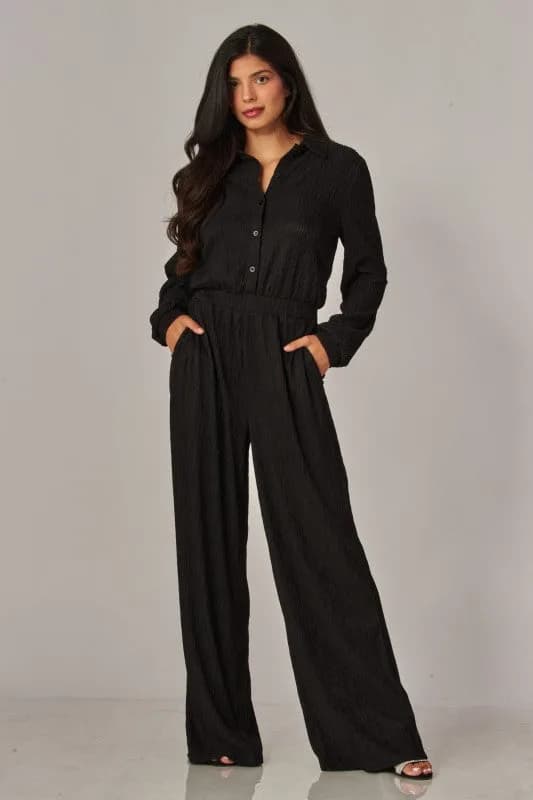 Crinkled Plisse Button Up Casual Jumpsuit