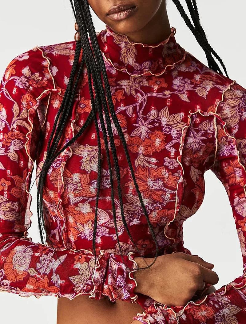 Floral Ruffle Trim Long Sleeve Top