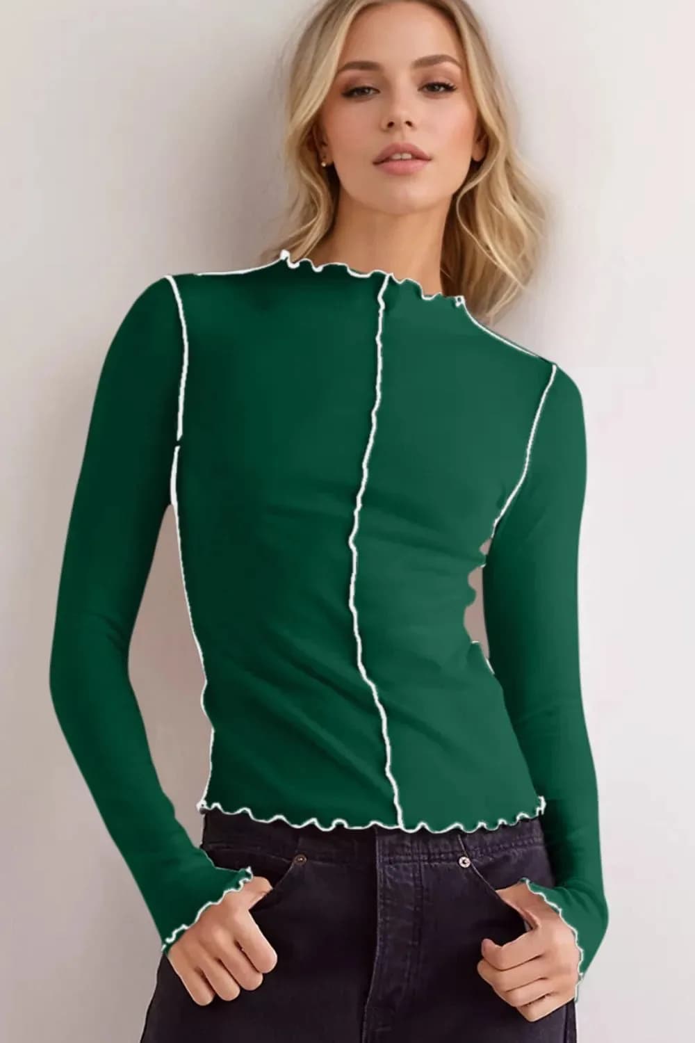 Basic Bae Contrast Trim Mock Neck Long Sleeve T-Shirt in Multiple Colors