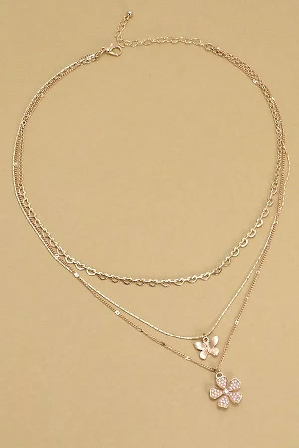 Trio Layered Butterfly Flower Charm Necklace