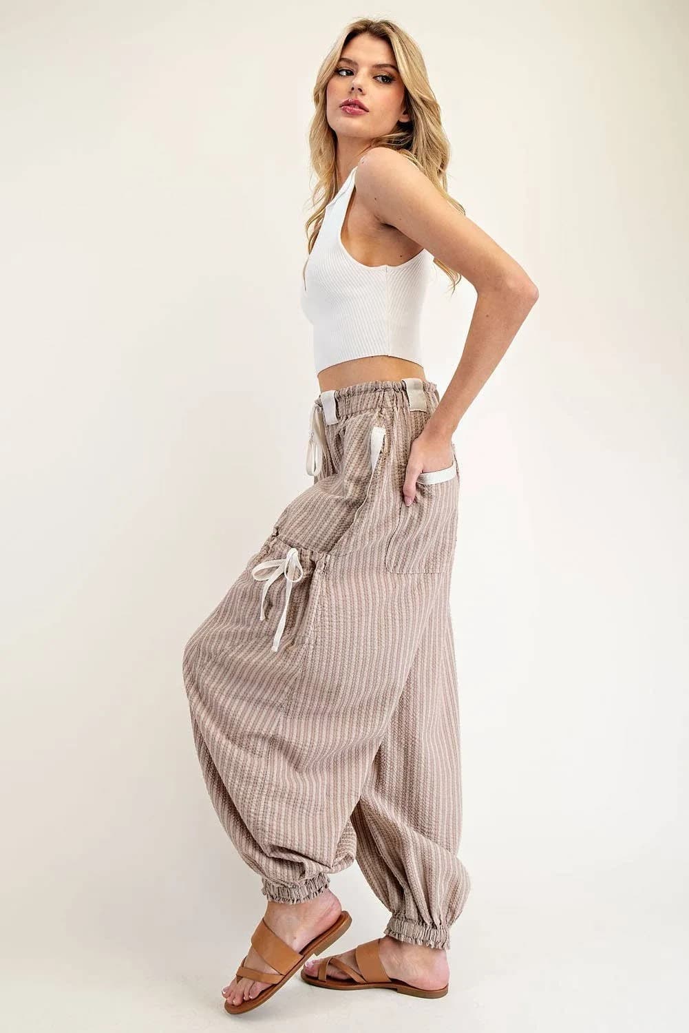 STRIPED DRAWSTRING SIDE POCKET JOGGER PANTS