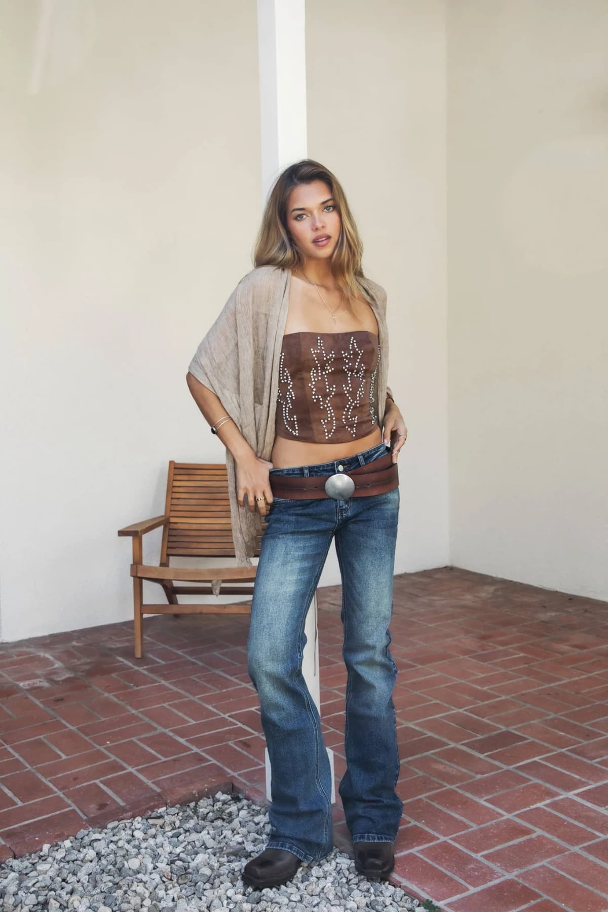 BECKEE CP Vegan Leather Western Rhinestone Corset Top
