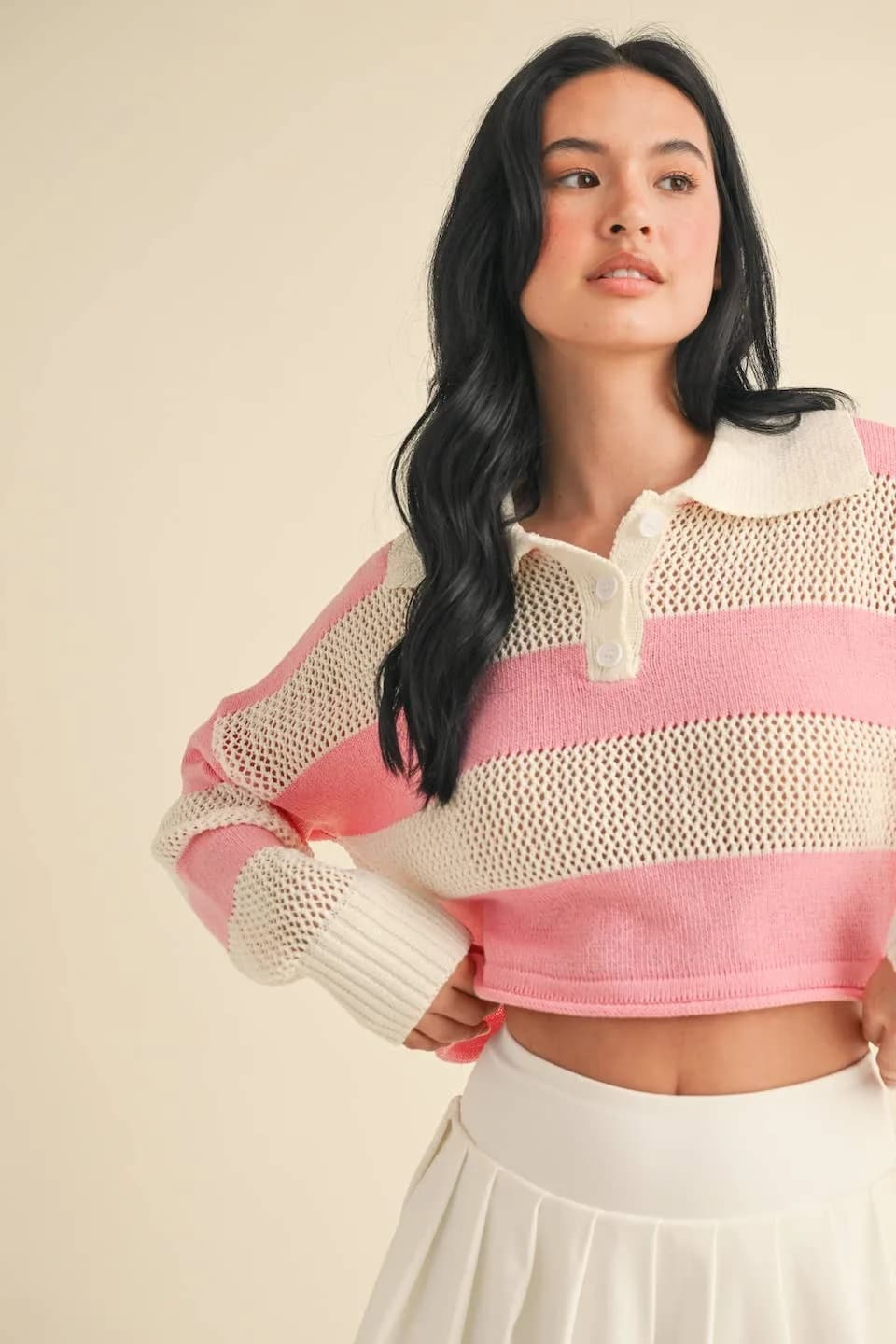 Striped Knit Rugby Cropped Sweater by Kimberly C Multiple Colors