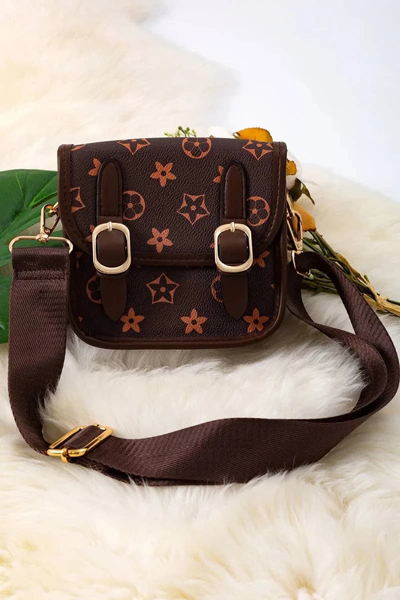 Brown 2 Buckle Mini Purse with Wide Strap