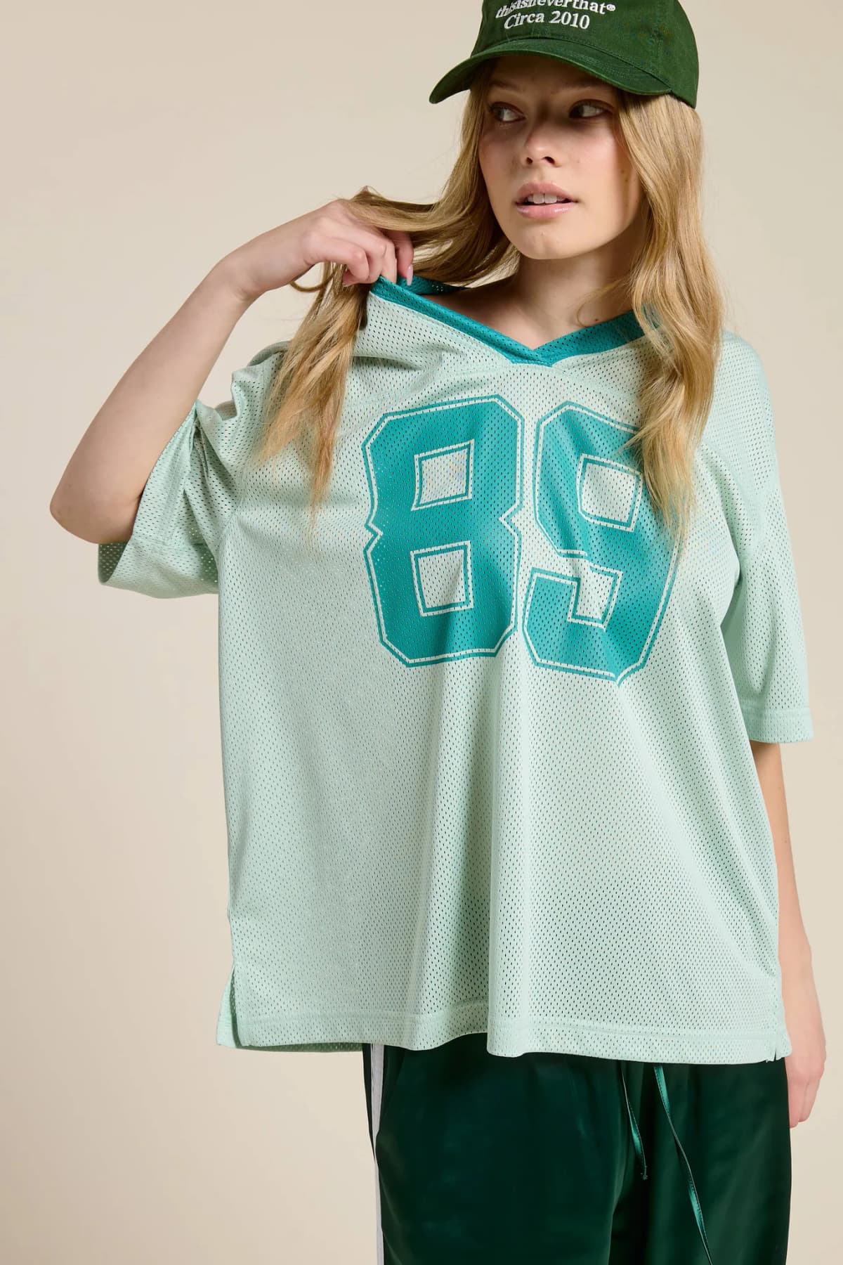 Mint V Neck Sporty Jersey Shirt Top With Printed 89