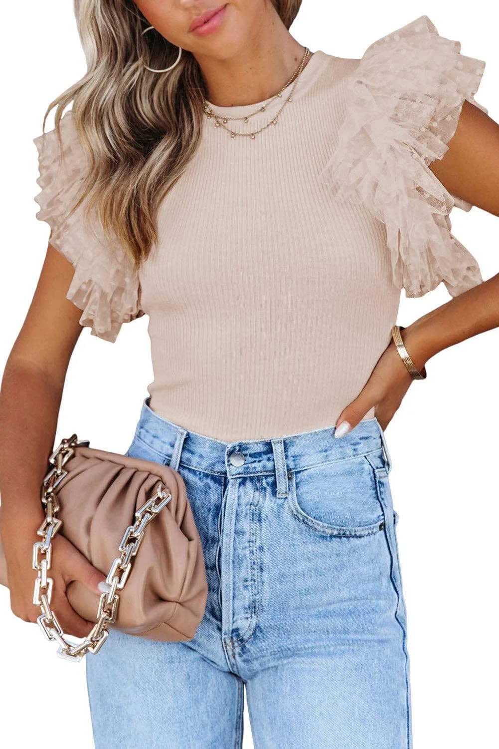 Dotty Mesh Ruffle Sleeve Ribbed Knit Top Full Time Purchase (Black)