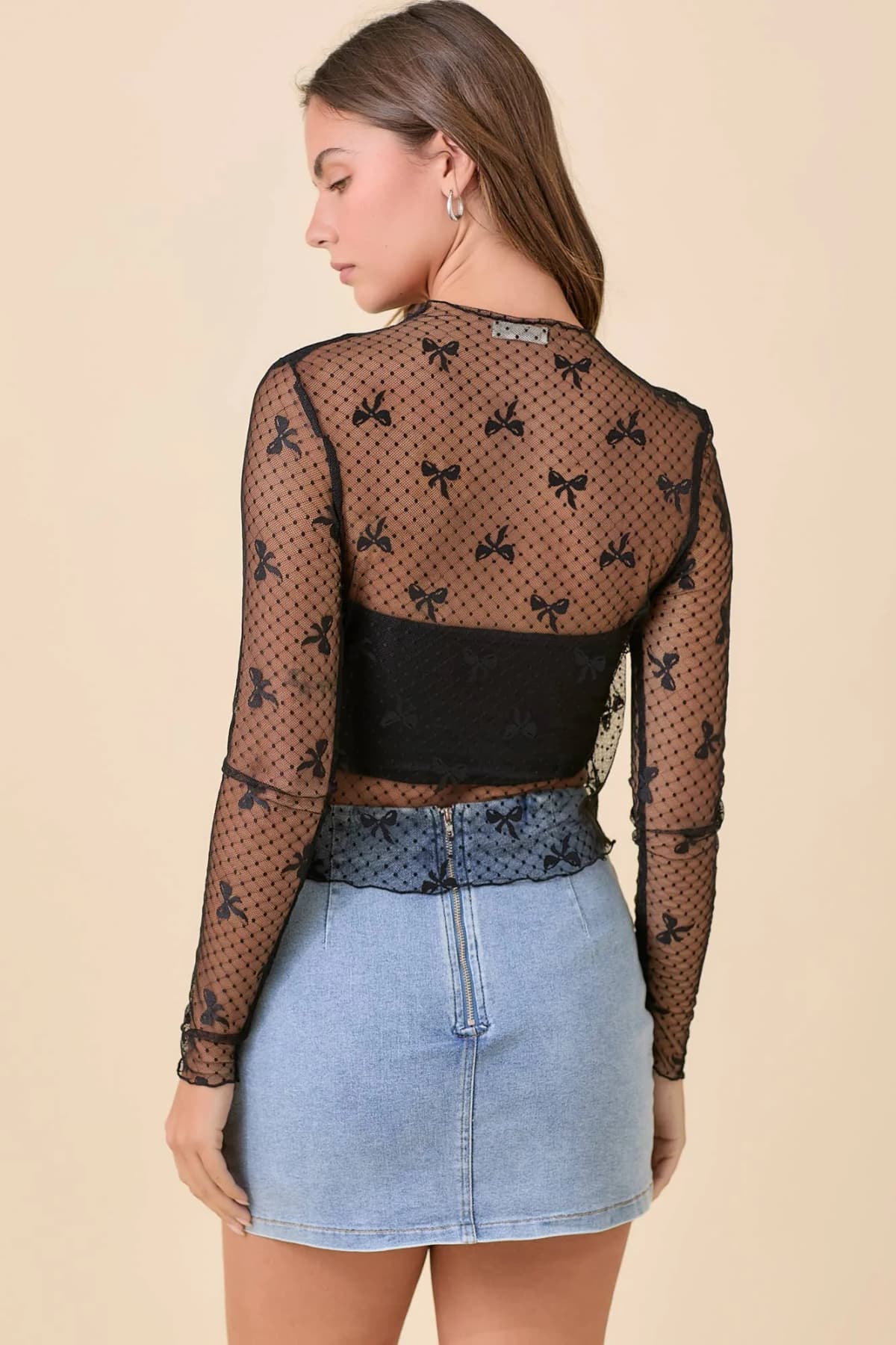 Ribbon Bow Mesh Long Sleeve Top