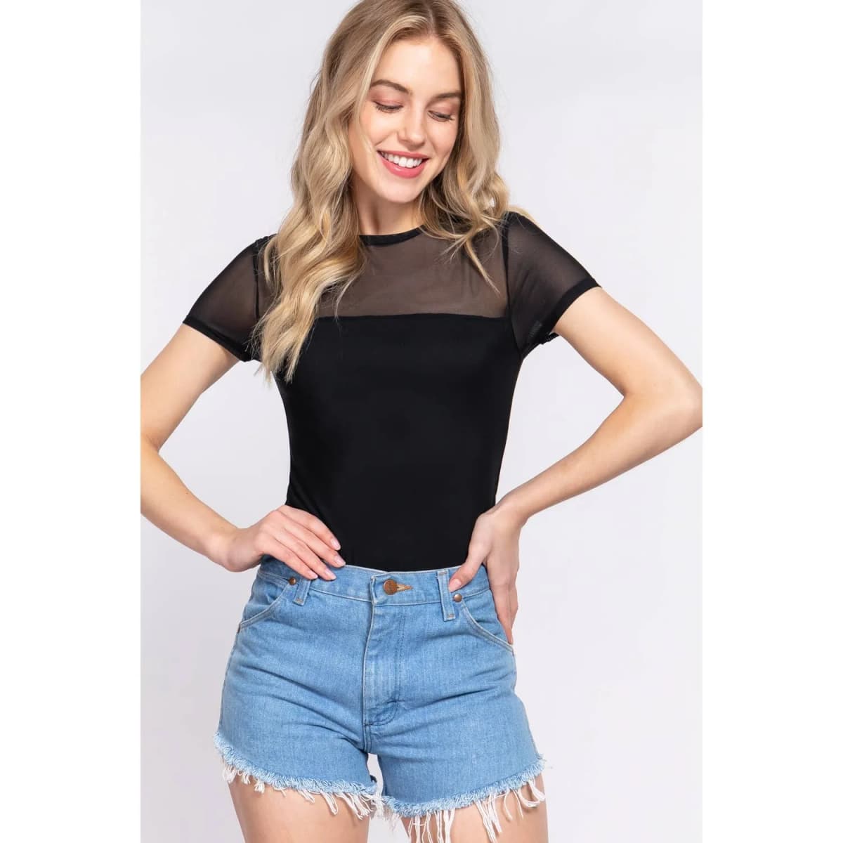 Short Sleeve Crew Neck Mesh Bodysuit Apolline (Black)