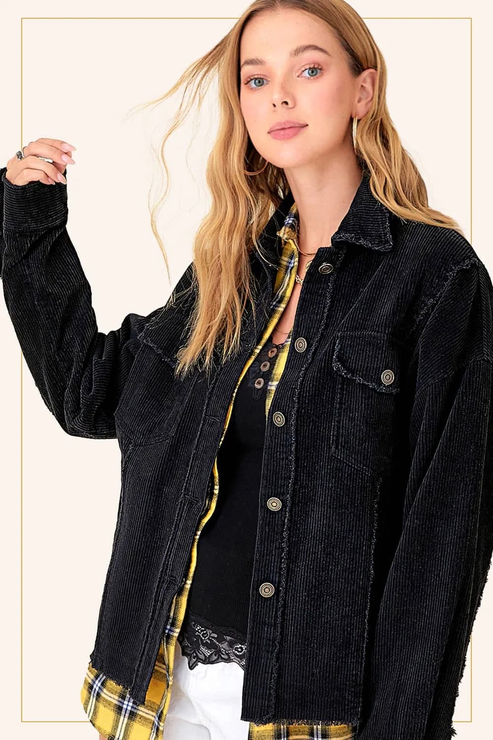 Washed Corduroy Oversized Button Down Jacket (Black)