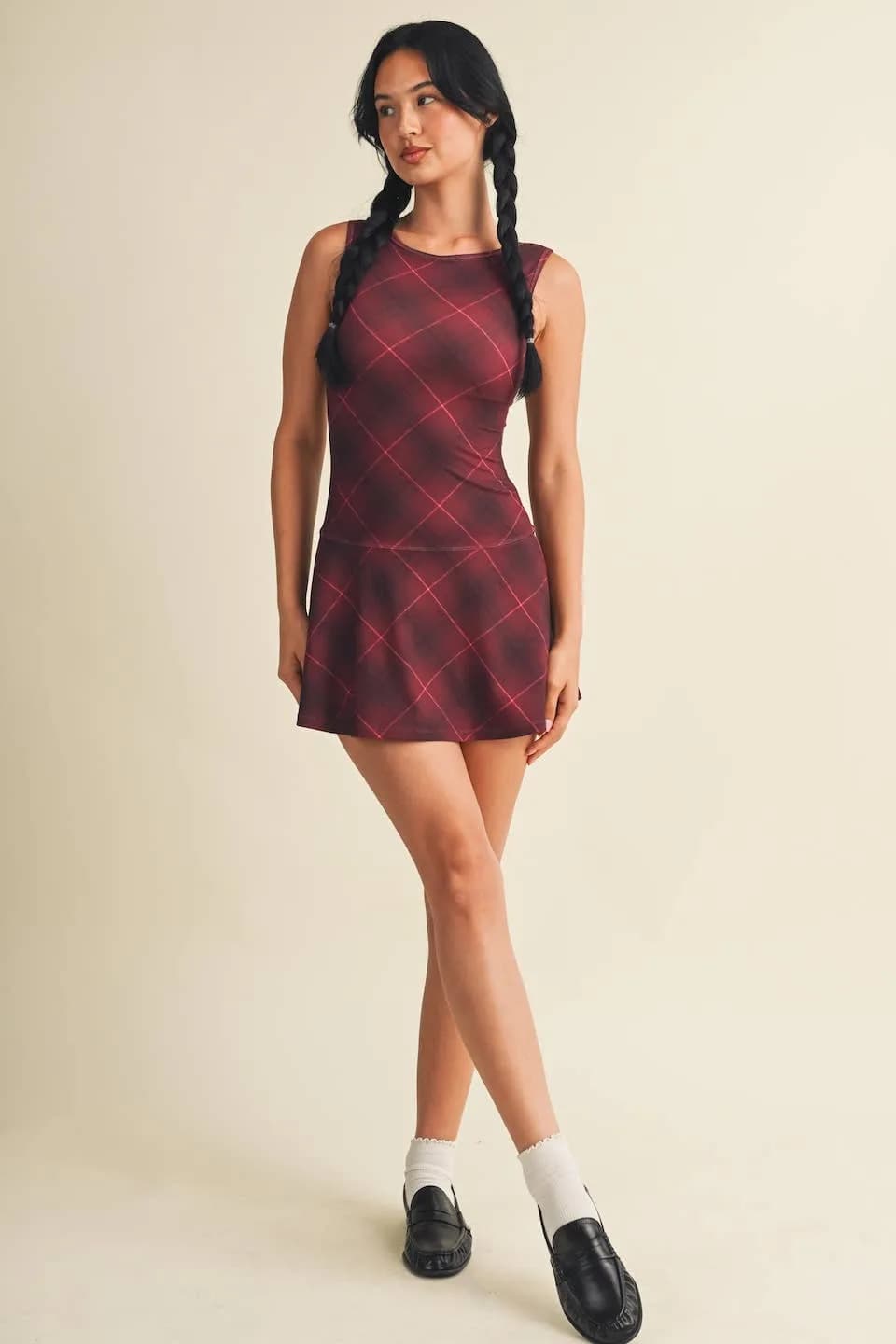 Plaid Print A-Line Mini Dress with Drop Waist by Glowie