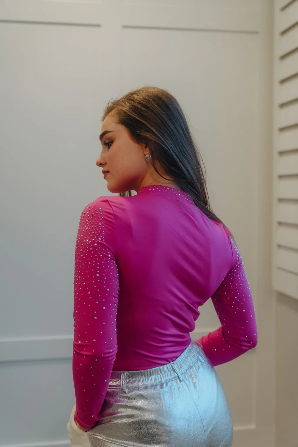 Rhinestone Mesh Long Sleeve Bodysuit