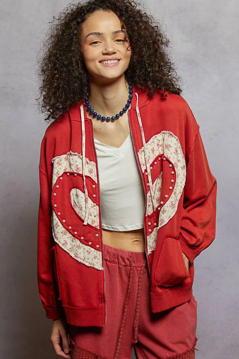 French Terry Long Sleeve Patch Zip Up Hoodie Knit Jacket