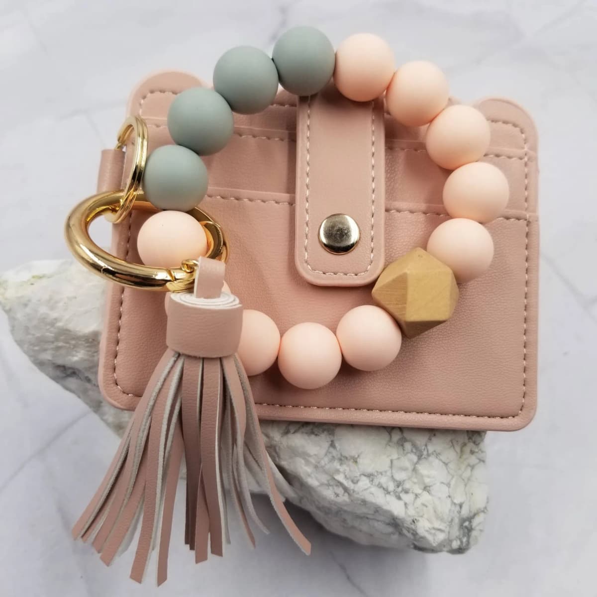 Silicone Bead Bangle Keychain Bracelet Card Holder (Pink)